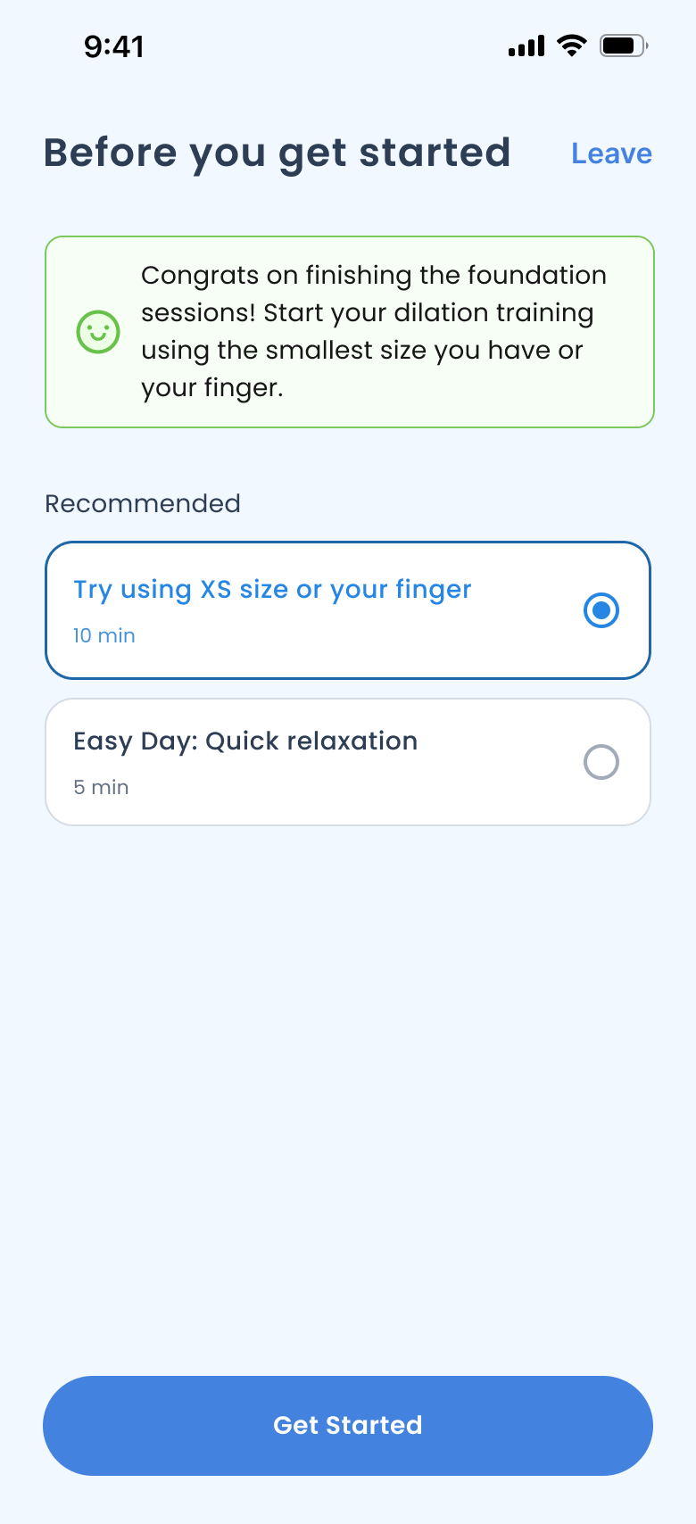 App screen showing dilation guide with session options