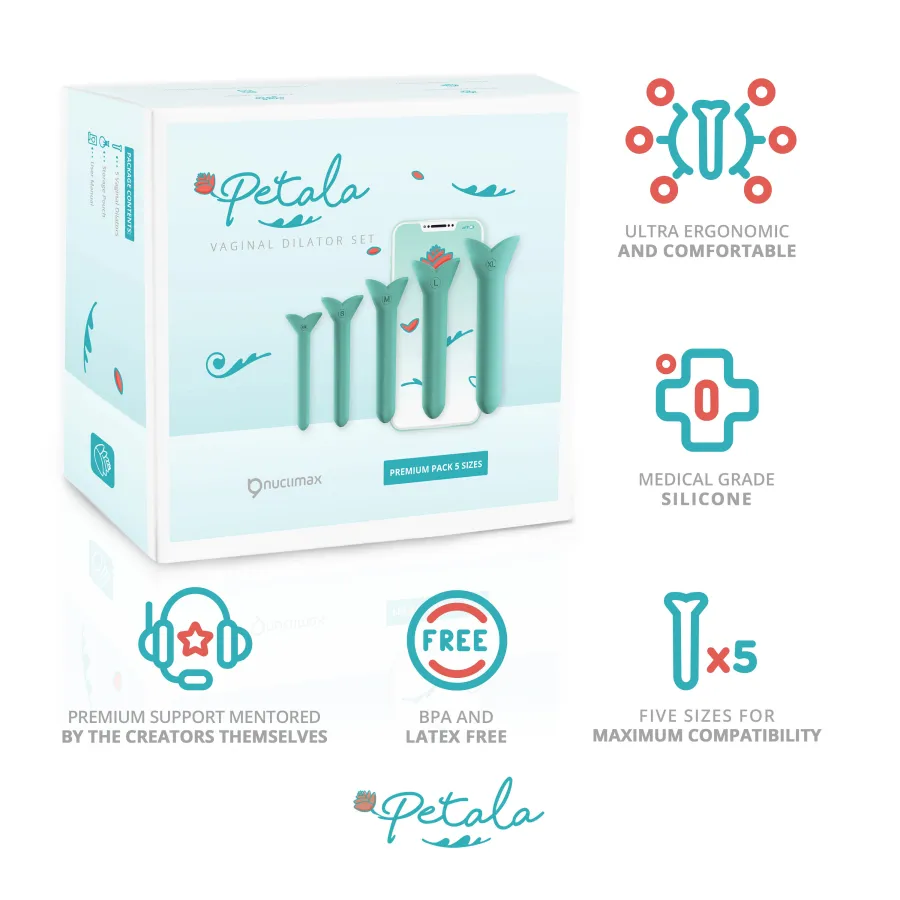 Petala 5-Pack features — medical grade silicone, ergonomic, BPA free, 5 sizes