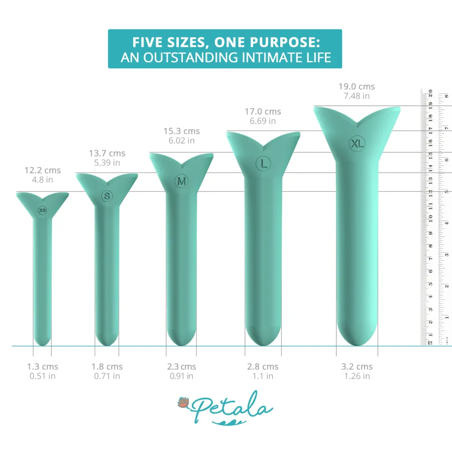 Petala dilator size chart — XS to XL with dimensions in cm and inches